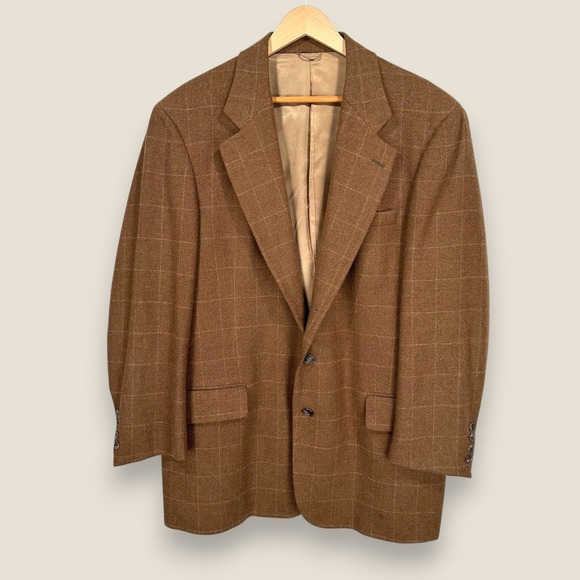 VTG Gant Wool Tweed Sport Coat Blazer Men 46R XL Brown Windowpane Made in USA